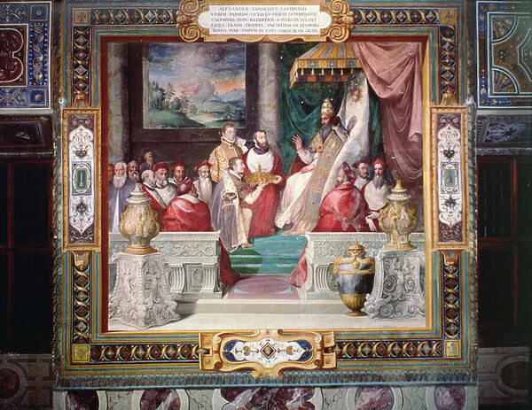 Alessandro Farnese and his brother Ottavio present a gift to Pope Julius III, 1500, from the Sala dei Fasti Farnese (Hall of the Splendours of the Farnese) 1557-66 (fresco)