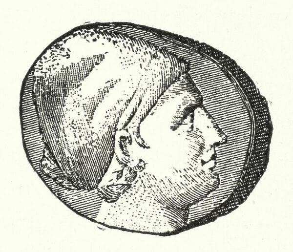 Ancient coin showing the head of the Ancient Greek poet Sappho (engraving)