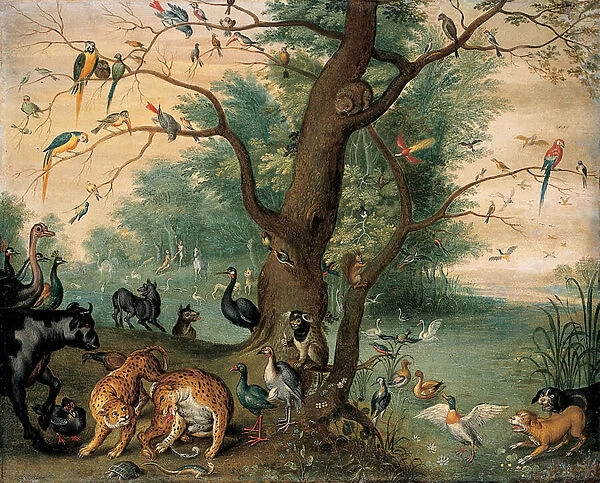 Animals and birds in the Garden of Eden (oil on copper)