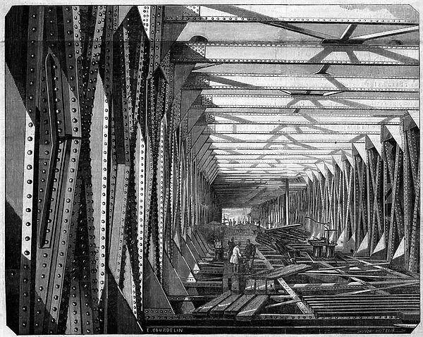 Architecture: interior view of the Metallic Bridge of Bordeaux, Gironde (33), 1860
