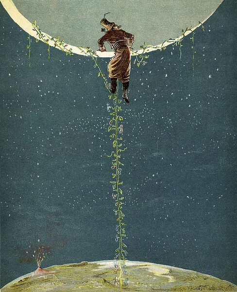 Baron Munchausen climbs up to the moon by way of a Turkey bean plant, from The