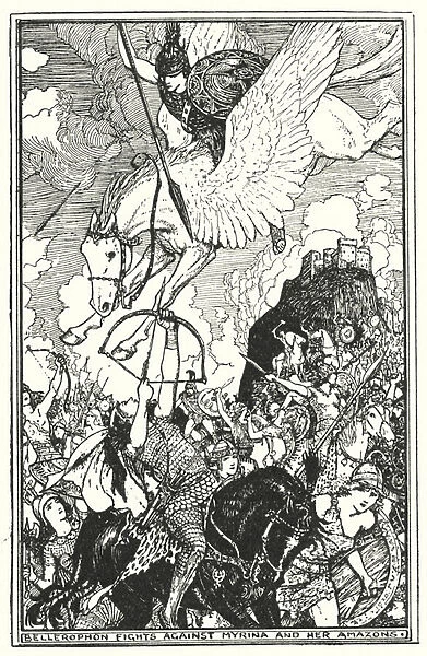 Bellerophon fights against Myrina and her Amazons (litho)