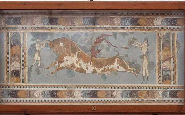 Bull fighting fresco, from Knossos, painted around 1550-1450 BC (fresco)