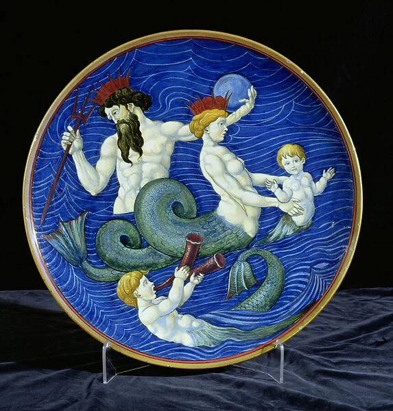Charger, with crowned Triton, mermaid and mermen (ceramic)