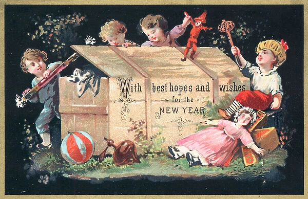 Children taking toys out of wooden chest, New Year Card (chromolitho)