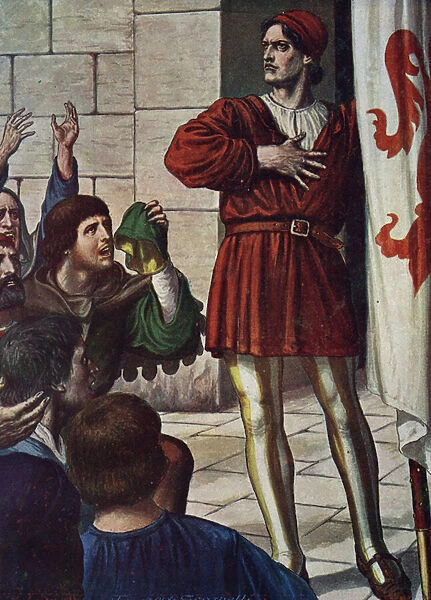 Ciompi revolt in Florence: the heros and wool worker (arte della lana) Michele di Lando in July 1378 representative of the small people is greeted by the crowd'(Revolt of the Ciompi)