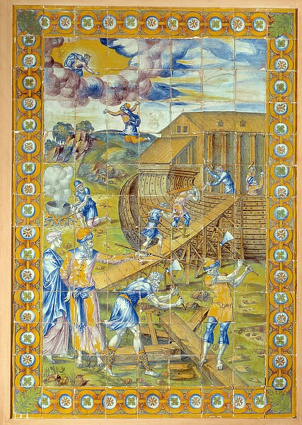 The construction of Noes Ark. Left panel of the triptych representing 3 episodes of