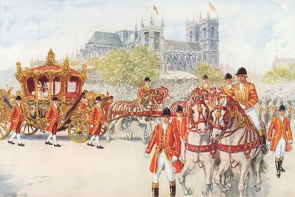 The coronation coach turns on to the Embankment (colour litho)