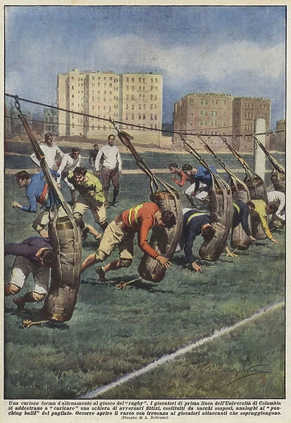 A curious form of training in the game of rugby (colour litho)