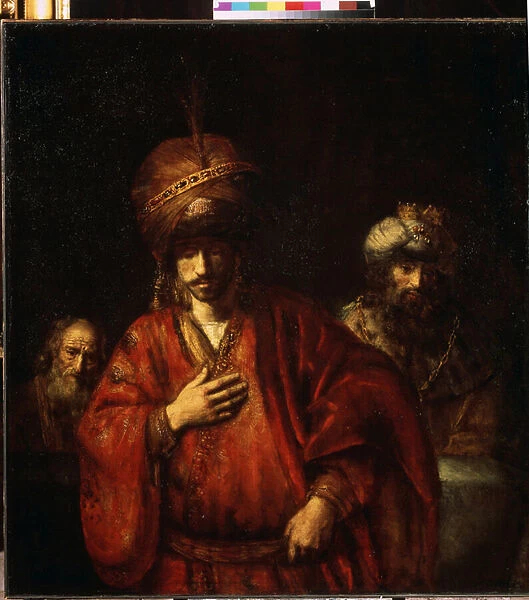 David et Uriah, Haman (Aman) Reconnait son destin 'Urie le Hittite (ou Ourias le Hittite) soldat du roi David. Peinture de Harmenszoon van Rijn dit Rembrandt (1606-1669), 1665. Huile sur toile. Dim
