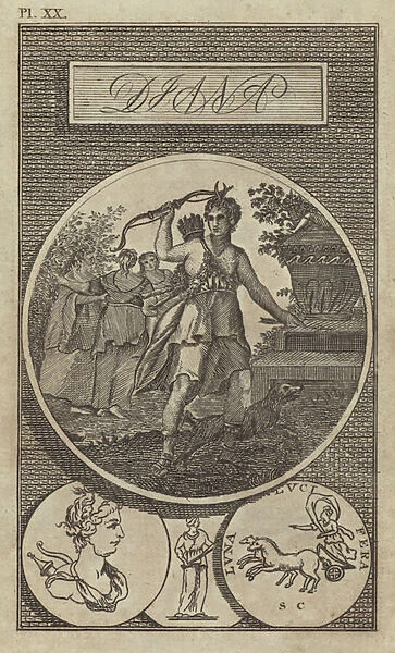 Diana, ancient Roman goddess of the Moon and hunting (engraving)