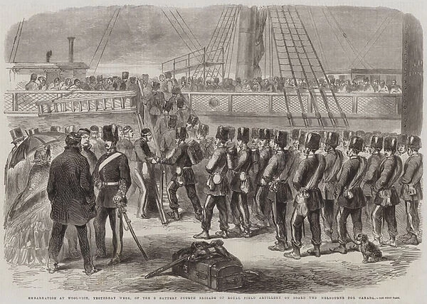 Embarkation at Woolwich, Yesterday Week, of the E Battery Fourth Brigade of Royal Field Artillery on Board the Melbourne for Canada (engraving)
