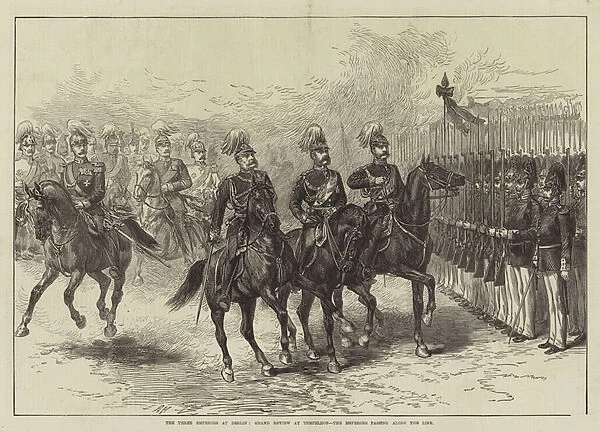 The Three Emperors at Berlin, Grand Review at Tempelhof, the Emperors passing along the Line (engraving)