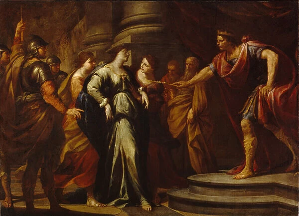 Esther (Hadassah bat Avilail) devant Assuerus (identifie a Xerxes I, roi de Perse, 519-465 avant JC) (Esther before Ahasuerus). Esther est choisie comme epouse par le roi perse parmi toutes les pretendantes