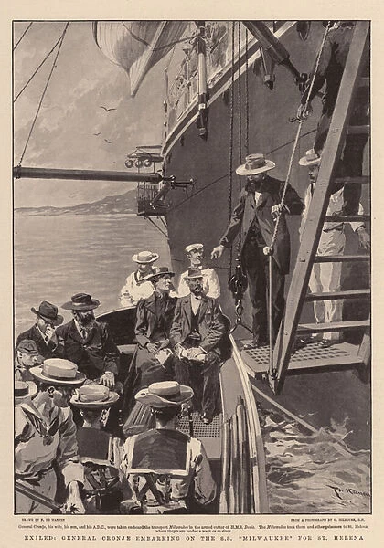 Exiled, General Cronje embarking on the SS 'Milwaukee'for St Helena (litho)