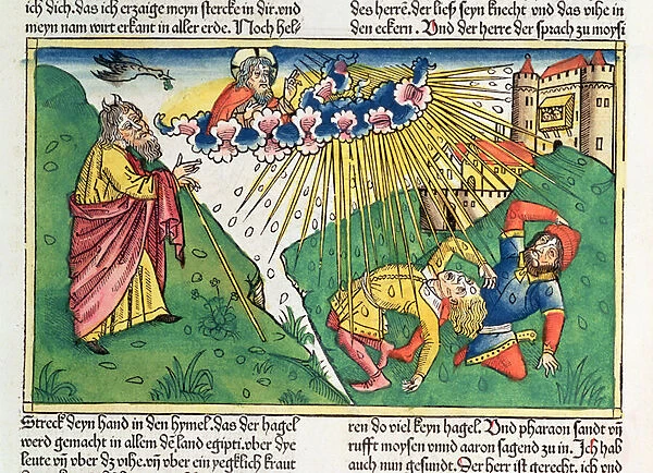 Exodus 9 13-35 The Seven Plagues of Egypt: Moses and the plague of hail and lightning, from the Nuremberg Bible (Biblia Sacra Germanaica) (coloured woodcut)