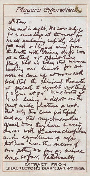 Extract from Shackletons Diary, 4 January 1909 (chromolitho)