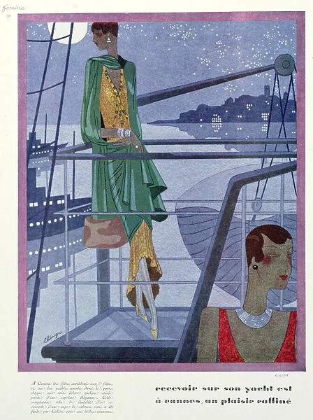 Fashion design for an evening dress by the House of Callot Soeurs for reception on a yacht in Cannes, 1928 (colour litho)
