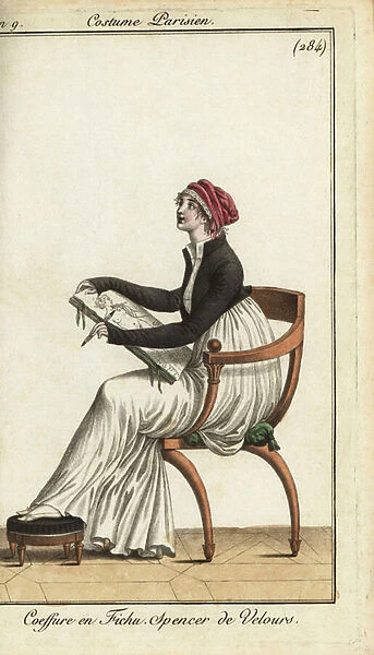 Fashionable woman sketching a nude model at an art class, 1800 (handcoloured copperplate engraving)