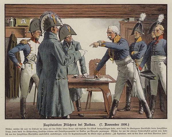 Field Marshal Blucher surrendering to the French at Katekau, 7 November 1806 (colour litho)