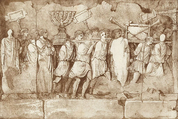 Part of a frieze on the Arch of Titus in Rome, showing Jewish prisoners carrying artefacts from Jerusalem (litho)