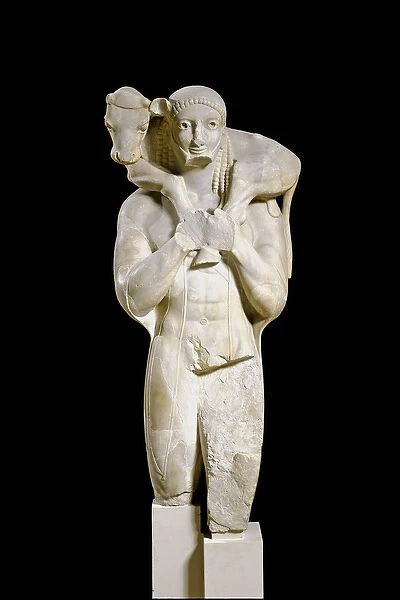 Greek Art: 'Moscophore'The calf bearer - Marble sculpture acting