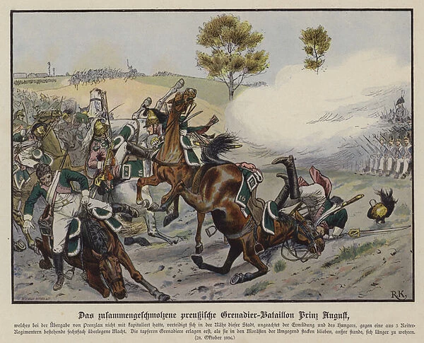 Grenadier batallion of Prince Augustus of Prussia at the Battle of Prenzlau, 28 October 1806 (colour litho)