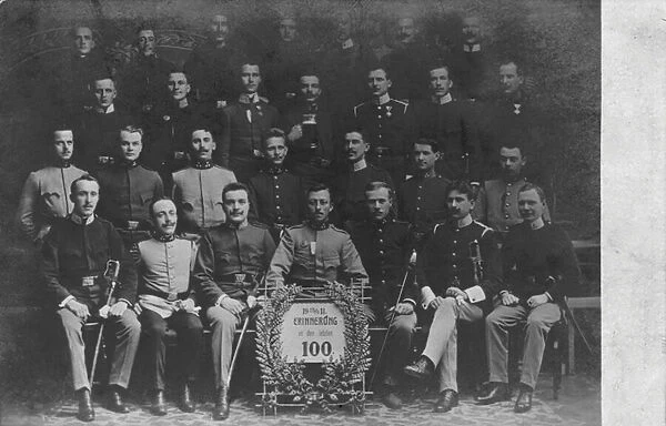 Group of men in uniform, possibly members of a German student military corps (Studentenverbindung) (b  /  w photo)