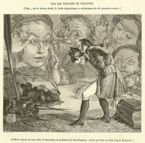 Gulliver expose sur une table a l admiration des habitants de Brobdingnag (engraving)