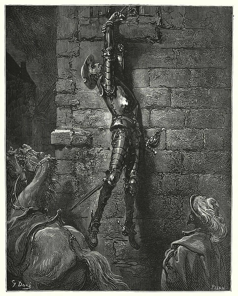 Gustave Dores Don Quixote: 'He had inevitably fallen to the ground, had not his wrist been securely fastened to the rope'(engraving)