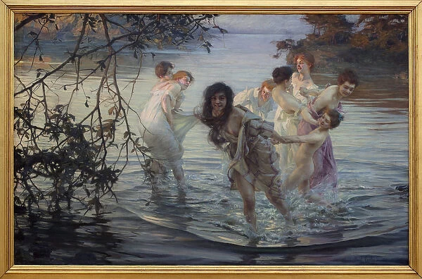 Happy ebats. Young women having fun while swimming in the water of a river