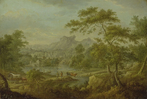 An Imaginary Landscape with a Wagon and a Distant View of a Town (oil on copper)