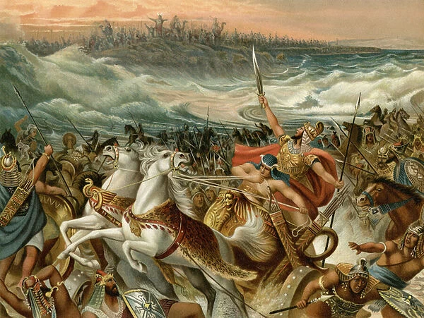 The Israelites rescue from the Red Sea (colour litho)