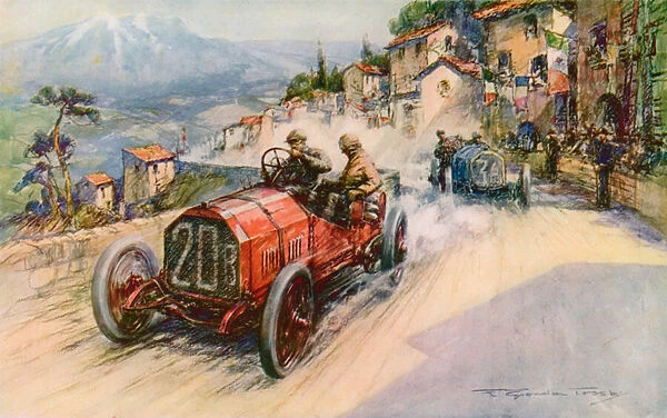Italys champion, Felice Nazzaro, and the Fiat winning the 1907 Targa Florio, the combination having previously won the Grand Prix and the Kaiserpreis (colour litho)