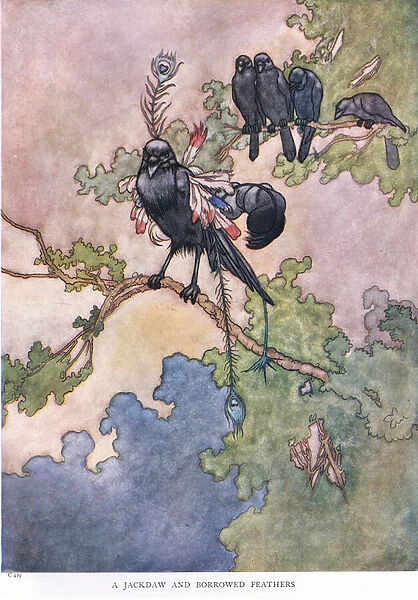 A Jackdaw and borrowed feathers, 1930s (colour litho)
