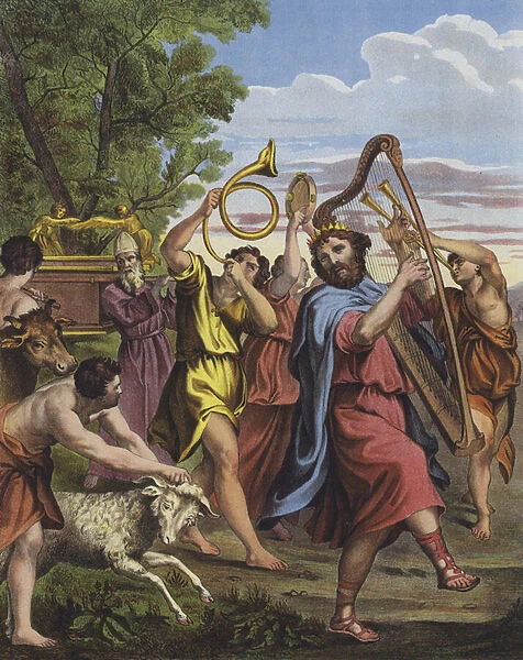 King David dancing before the Ark of the Covenant as he brings it to Jerusalem (colour litho)
