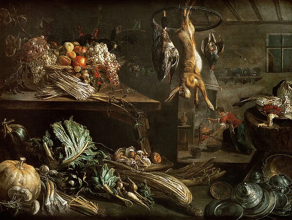 Kitchen interior with still life, maid by the fire