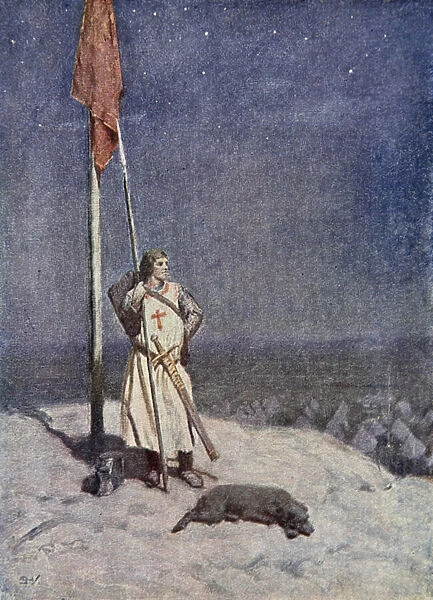 The Knight stands watch on St. Georges Mount with the banner of England