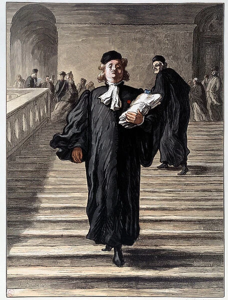 A lawyer in a dress at the courthouse. Lithograph by Honore Daumier (1808-1879