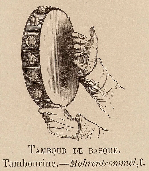 Le Vocabulaire Illustre: Tambour de basque; Tambourine; Mohrentrommel (engraving)