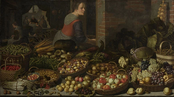 Still Life with Fruit and Vegetables, with Christ at Emmaus in the background, c