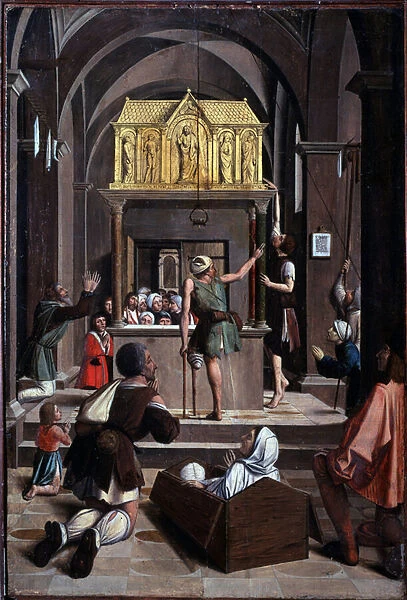 Life of St Sebastian: pilgrims on the tomb of St Sebastian - oil on wood, 1497