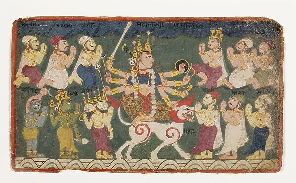 Mahalakshmi riding her lion, from the Devimahatmya, c. 1750 (opaque w  /  c on paper)