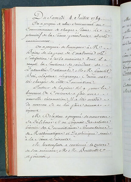 Minutes from a meeting of the Academy of Sciences, 4th July 1789 (ink on paper)