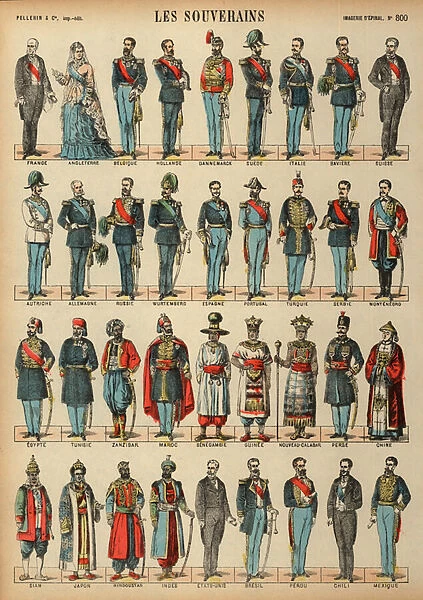 Monarchs of the World (coloured engraving)