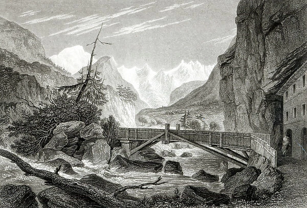 Mont Blanc from the Baths of St. Didier, engraved by C. Westwood (engraving) (b  /  w photo)