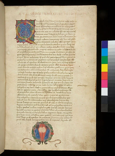 Ms 389. Cicero, Orationes, and other works, f. 1r. Illuminated initial [Q] with interlaced strapwork decoration, a shield in the bas-de-page with arms partially erased, supported by a two of all antica breastplates with helmets, Padua