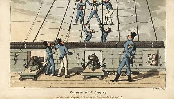 Naval rite of passage: Johnny is seized and spreadeagled in the rigging by his fellow sailors. Handcoloured copperplate engraving by W. Read after an illustration by Thomas Rowlandson from Alfred Burton