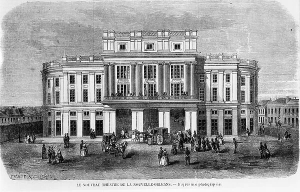 The New Theatre in New Orleans, engraved after a photograph, 1859 (litho) (b  /  w photo)