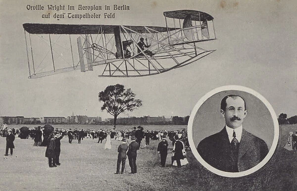 Orville Wright flying his aeroplane over Temelhof airfield, Berlin (b  /  w photo)